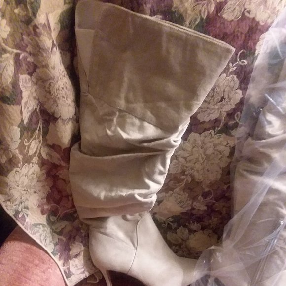 Cream faux suede over knee boots with heel - Picture 1 of 5